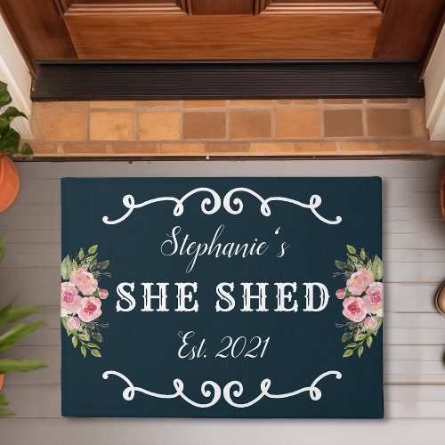 She Shed Floral Year Established Cute Navy Blue Doormat
