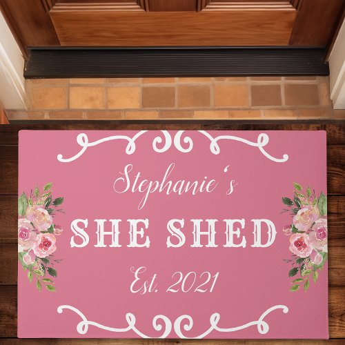 She Shed Floral Year Established Cute Pink Doormat