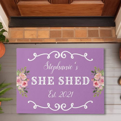 She Shed Floral Year Established Cute Purple Doormat