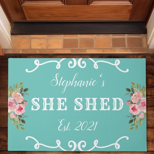 She Shed Floral Year Established Cute Teal Doormat