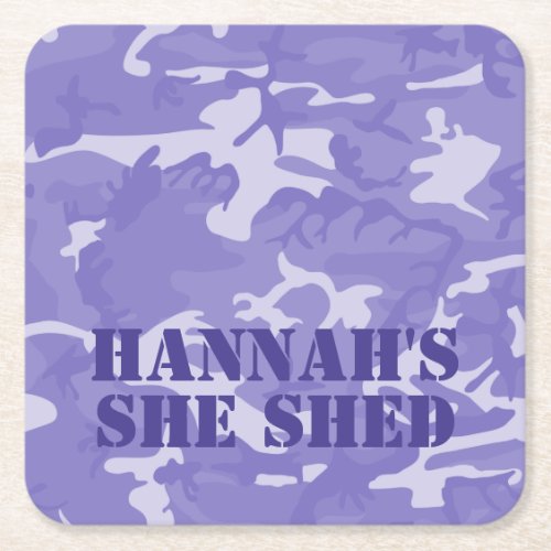 She Shed Personalized Purple Camo Square Paper Coaster