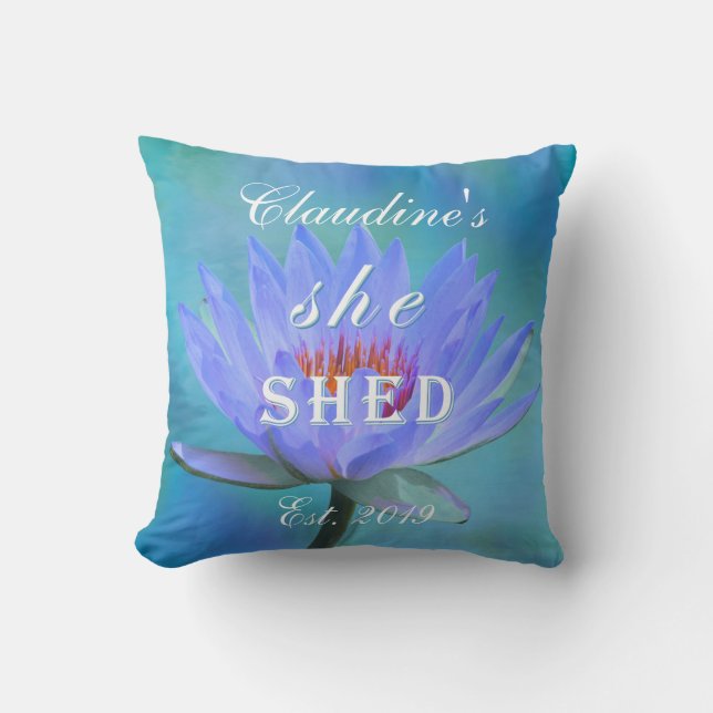 She Shed Shades of Blue Water Lily Square Throw Pillow (Front)