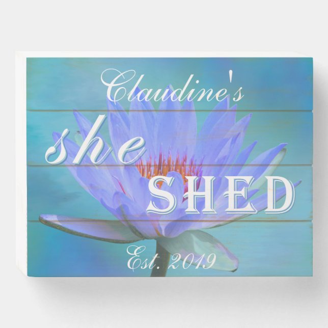 She Shed Shades of Blue Water Lily Wood Box Sign (Front Horizontal)