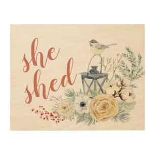 "She Shed" with Chick-a-Dee, Lantern & Flowers Wood Wall Art