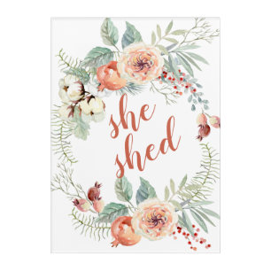"She Shed" with Peach Floral Wreath Acrylic Print