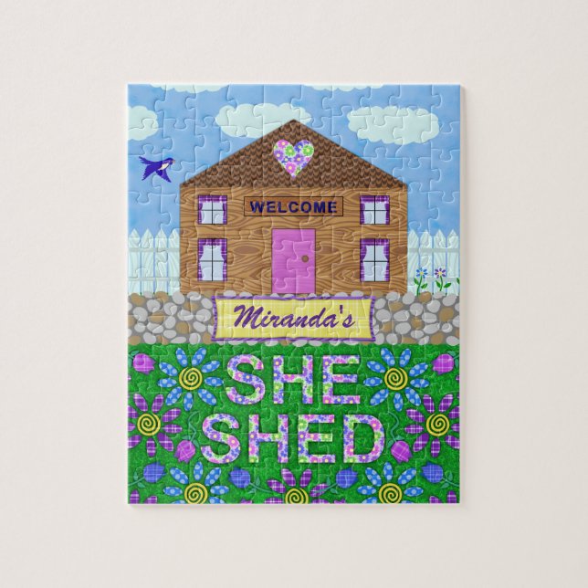 She Shed Woman Cave Garden Haven Personalized Name Jigsaw Puzzle (Vertical)