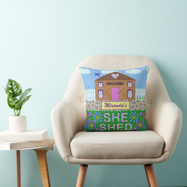 She Shed Woman Cave Garden Hut Custom Name Throw Pillow (Chair)