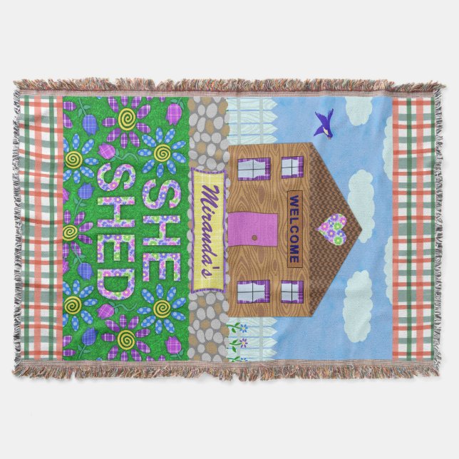 She Shed Woman Cave Garden Hut Plaid Personalized Throw Blanket (Front)