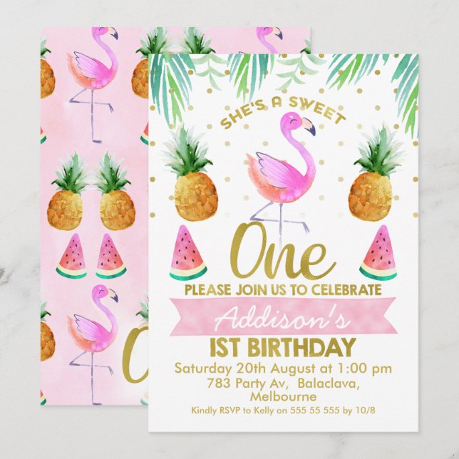 She So Sweet Tropical Flamingo First Birthday Invitation (Front/Back)