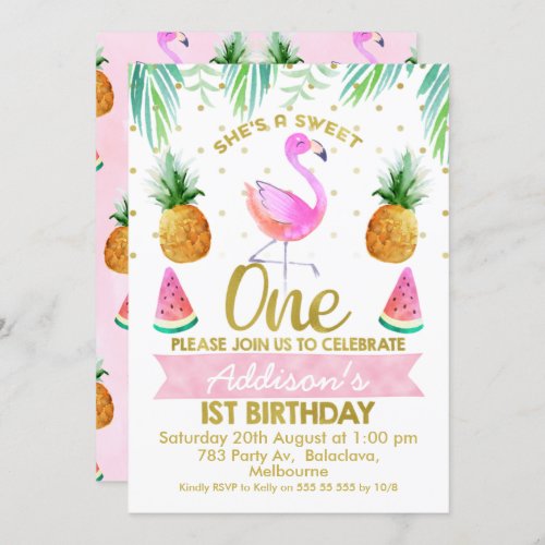 She So Sweet Tropical Flamingo First Birthday Invitation