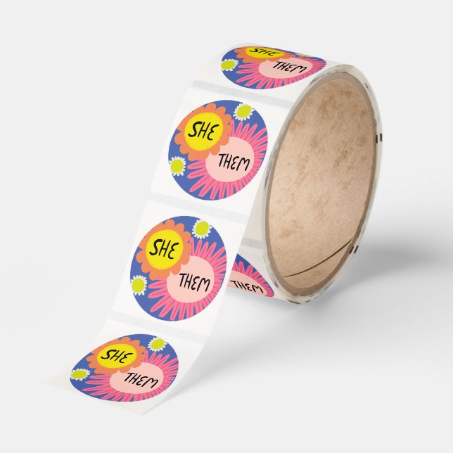 SHE / THEM Pronouns Flowers Pride Handlettered  Classic Round Sticker (Roll)