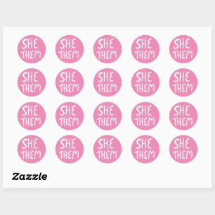 SHE / THEM Pronouns Pink Handlettering Set of Classic Round Sticker