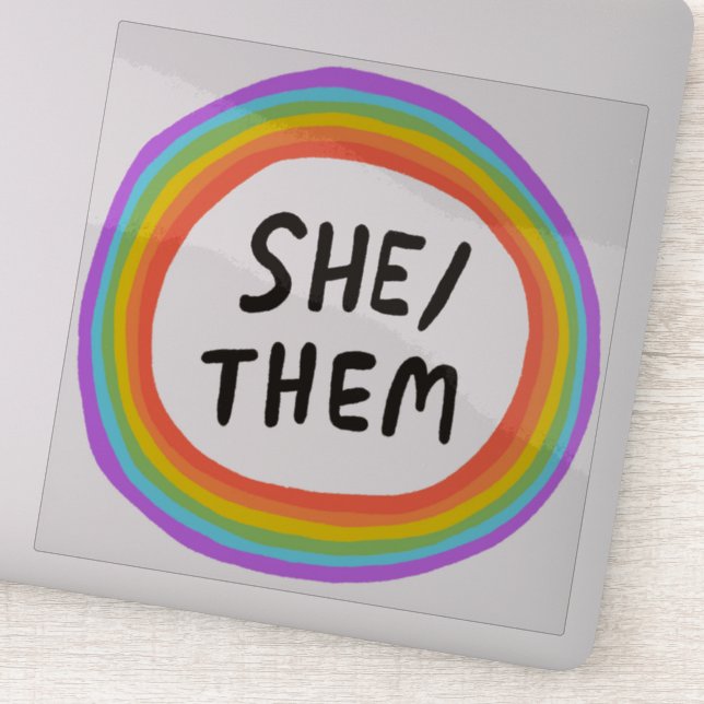 SHE/THEM Pronouns Rainbow Circle  Handlettering  Sticker (Detail)