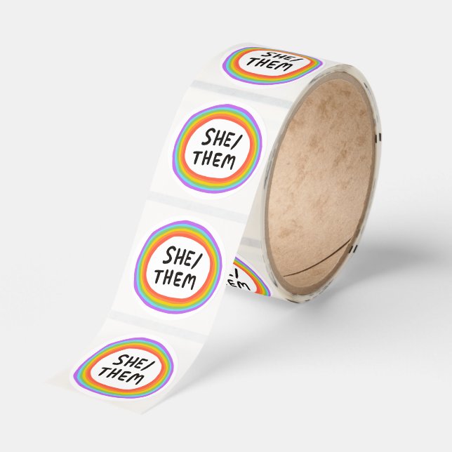 SHE / THEM Pronouns Rainbow Handlettering Roll of  Classic Round Sticker (Roll)