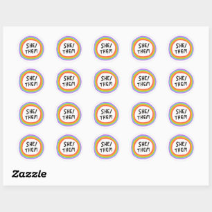 SHE / THEM Pronouns Rainbow Handlettering Set of  Classic Round Sticker