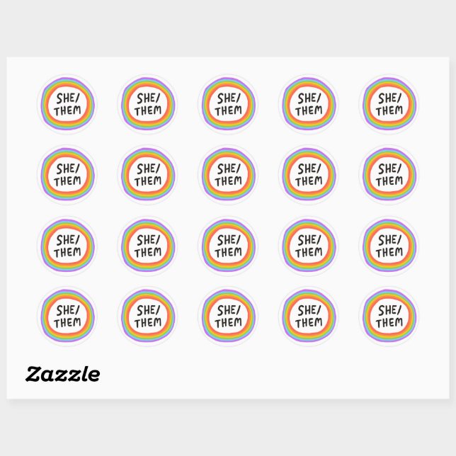 SHE / THEM Pronouns Rainbow Handlettering Set of  Classic Round Sticker (Sheet)