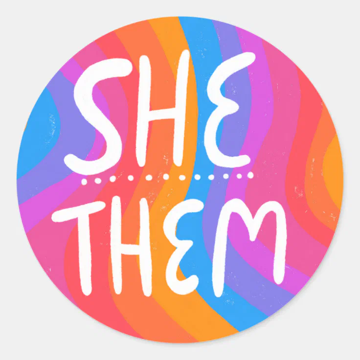 SHE/THEM Pronouns Rainbow Handlettering Sheet of Classic Round Sticker ...