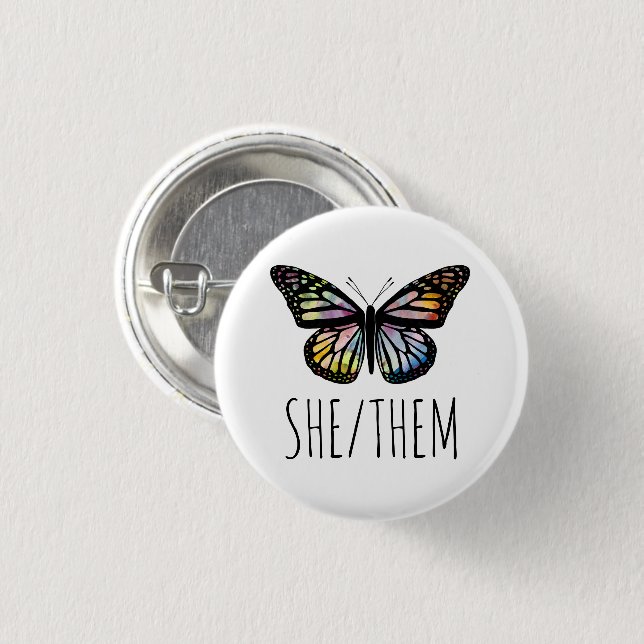 SHE/THEM Pronouns Watercolor Butterfly  Button (Front & Back)