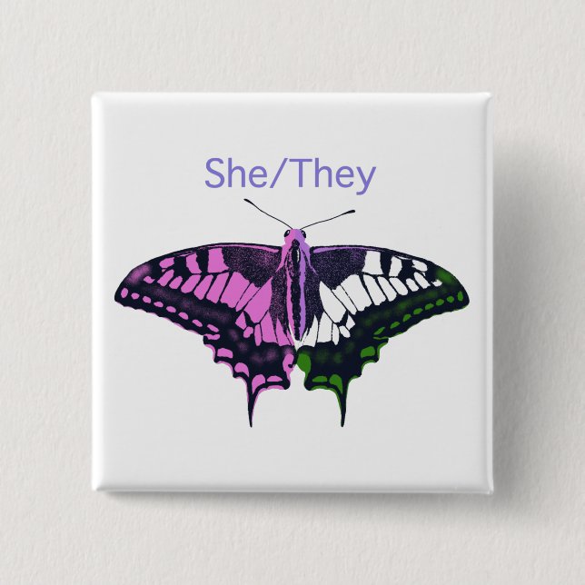 She/They Non-Binary Flag Swallowtail Butterfly Button (Front)