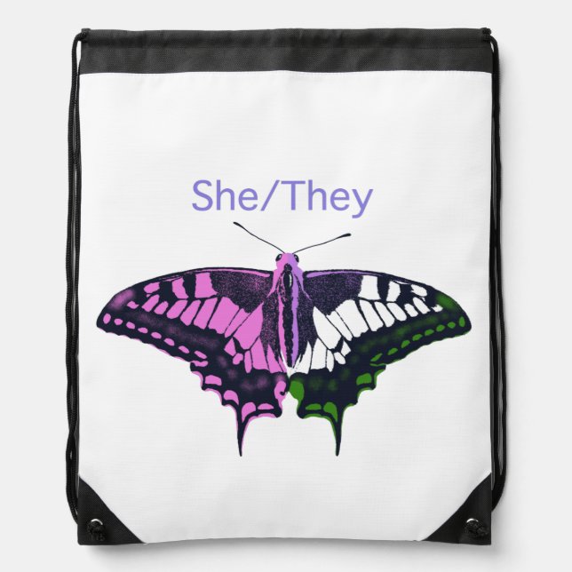 She/They Non-Binary Flag Swallowtail Butterfly Drawstring Bag (Front)