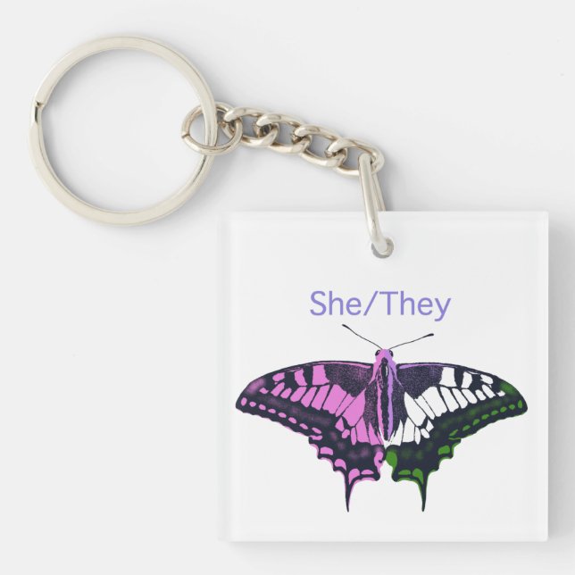 She/They Non-Binary Flag Swallowtail Butterfly Keychain (Front)