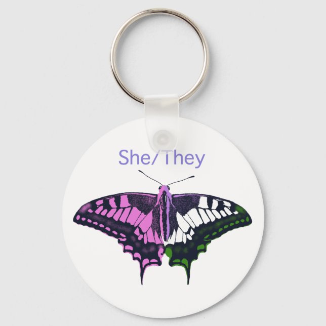 She/They Non-Binary Flag Swallowtail Butterfly Keychain (Front)