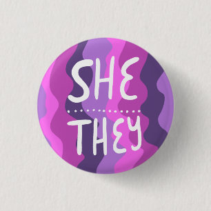 SHE/THEY Pronouns Colorful Handlettered Purple Button
