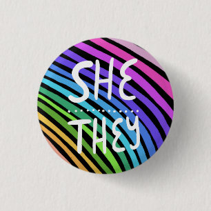 SHE/THEY Pronouns Colorful Handlettered Rainbow Button