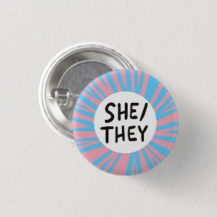 SHE/THEY Pronouns Colorful Trans Flag Pink Blue Button