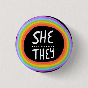 SHE/THEY Pronouns Colorful Wonky Rainbow Circle Button