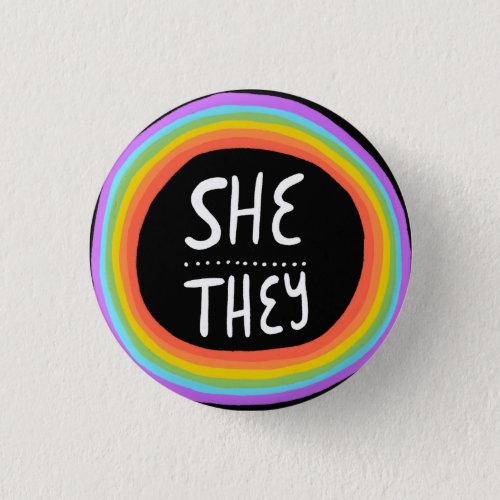 SHETHEY Pronouns Colorful Wonky Rainbow Circle Button