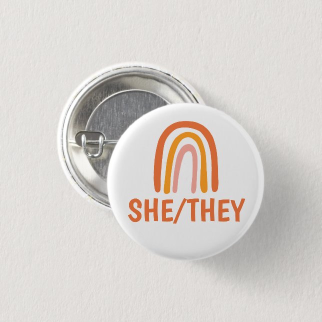SHE/THEY Pronouns Orange Pink Rainbow Button (Front & Back)