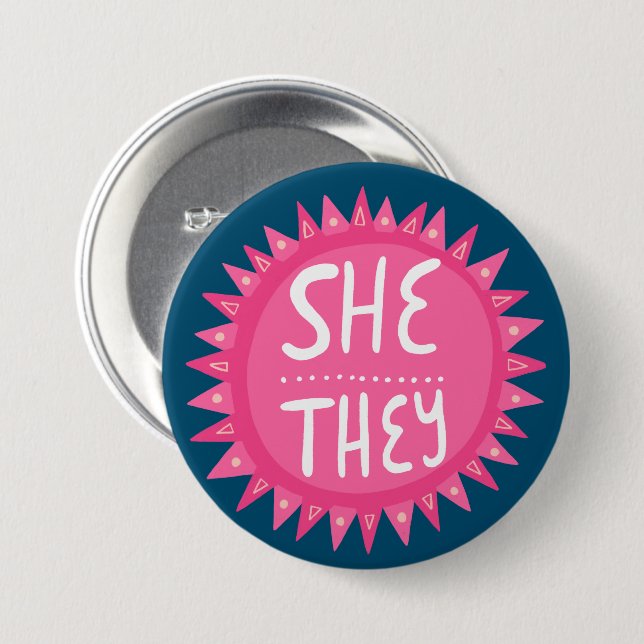 SHE/THEY Pronouns Pink Sun Pride Handlettered Button (Front & Back)