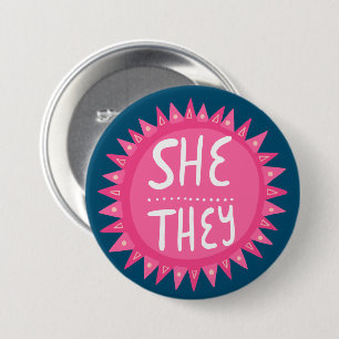 SHE/THEY Pronouns Pink Sun Pride Handlettered Button