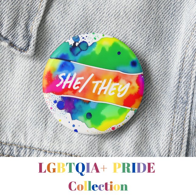 She/They Pronouns Pride Watercolor Rainbow Button (Creator Uploaded)