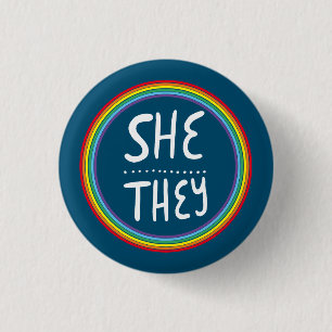SHE/THEY Pronouns Rainbow Handlettered Minimal Button