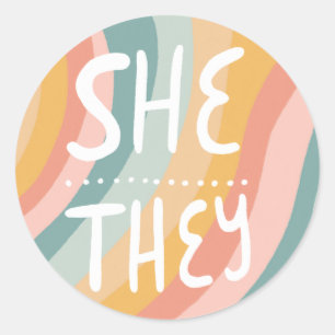 SHE/THEY Pronouns Rainbow Handlettering Sheet of Classic Round Sticker