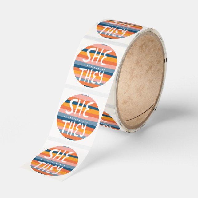 SHE/THEY Pronouns Stripes Handlettering Roll of Classic Round Sticker (Roll)