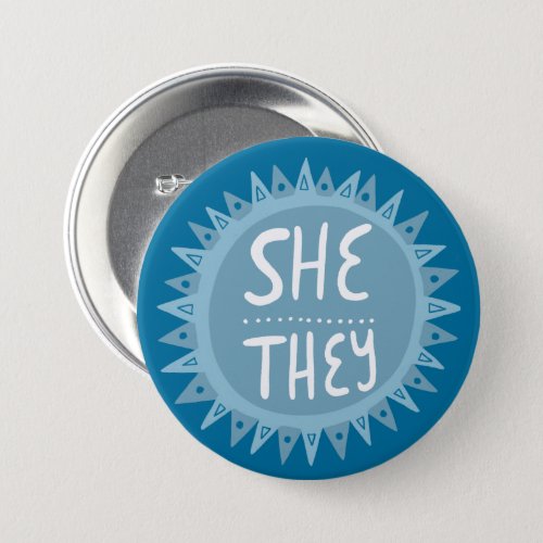 SHETHEY Pronouns Sun Pride Handlettered Blue Button