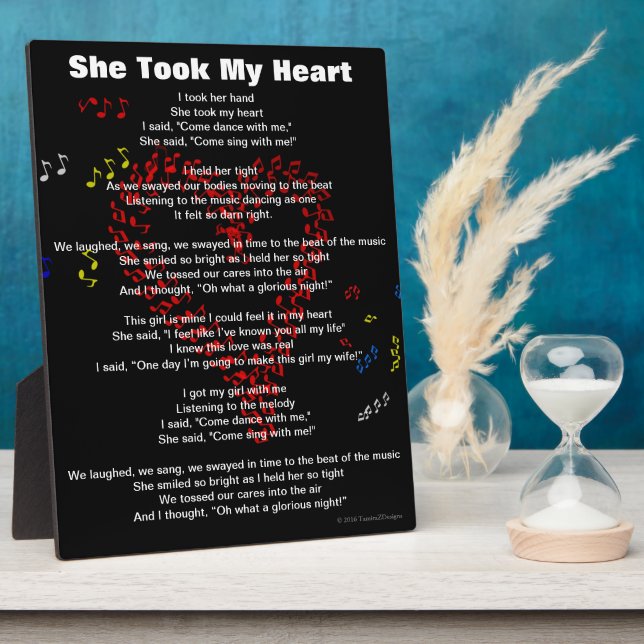 She Took My Heart Red Musical Notes Poem Plaque (Side)