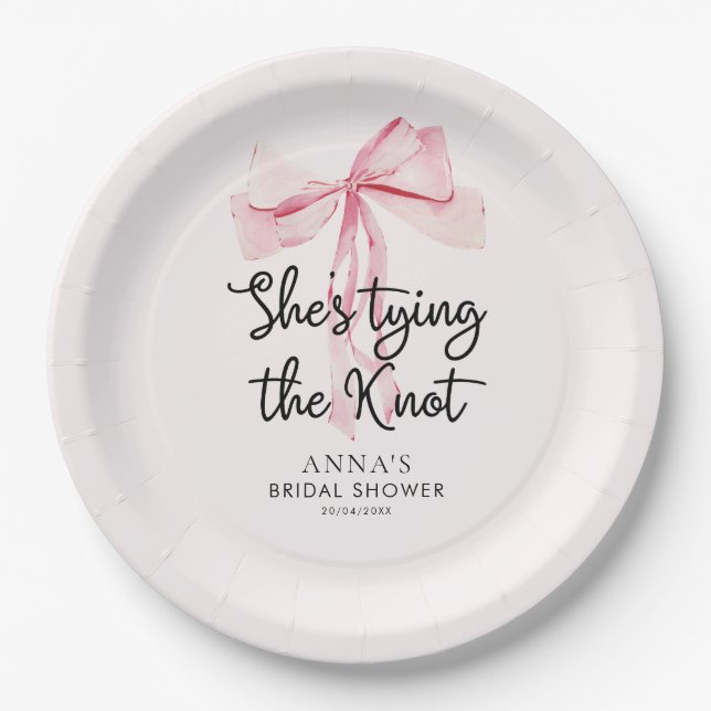 She Tying The Knot Pink Ribbon Bridal Shower Paper Plates (Front)
