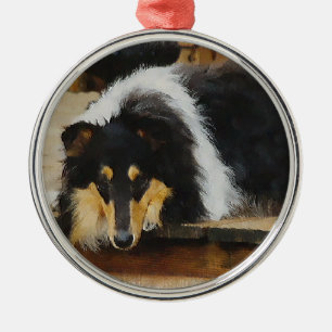 She Waits Tri Color Collie Metal Ornament