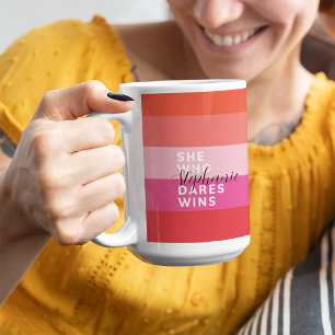 She Who Dares Wins Motivational Pink Stripes Coffee Mug