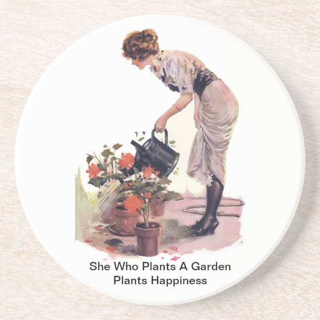 She Who Plants A Garden Plants Happiness Sandstone Coaster (Front)