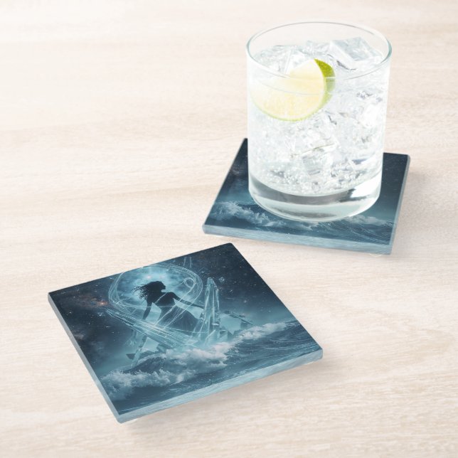 She Who Rises from the Crystal Sea Glass Coaster (Angled)