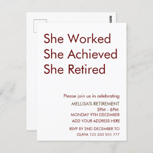 She Worked She Achieved She Retired Retirement Fun Postcard