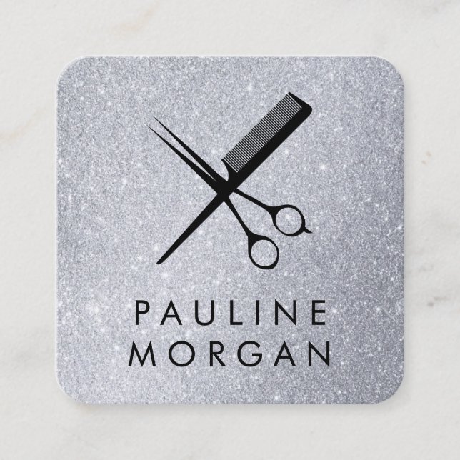 Shear and Comb Elegant Glitter Square Business Card (Front)