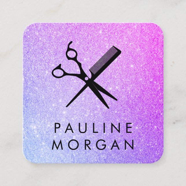 Shear and Comb Elegant Glitter Square Business Card (Front)