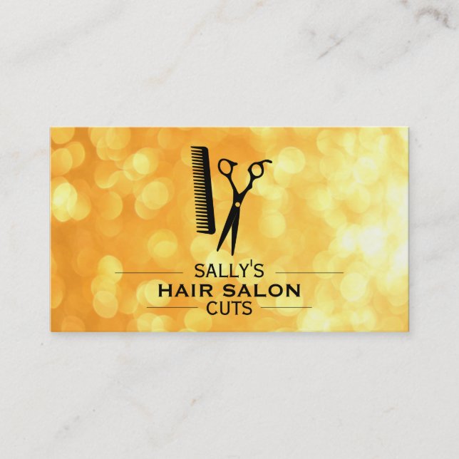 Shears & Comb with Dividers (gold bokeh) Business Card (Front)
