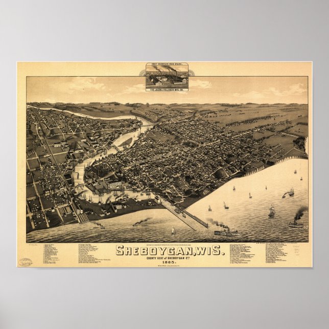 Sheboygan WI 1885 Antique Panoramic Map Poster (Front)